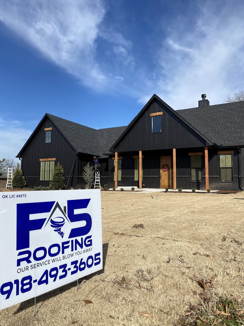 F5 Roofing yard sign at a completed home, Tulsa OK