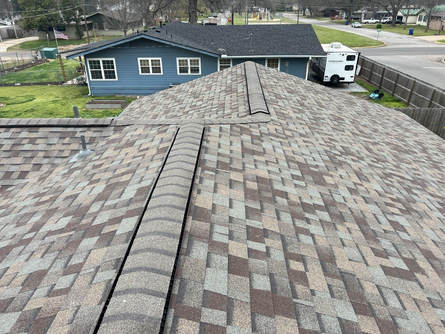 Freshly installed shingle roof close-up, Tulsa OK